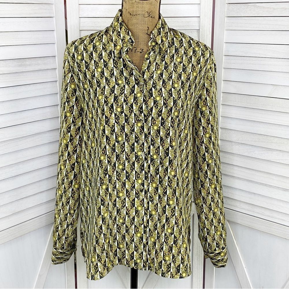 Milano Vintage Printed‎ Button Front Blouse Black Yellow Gold Small
